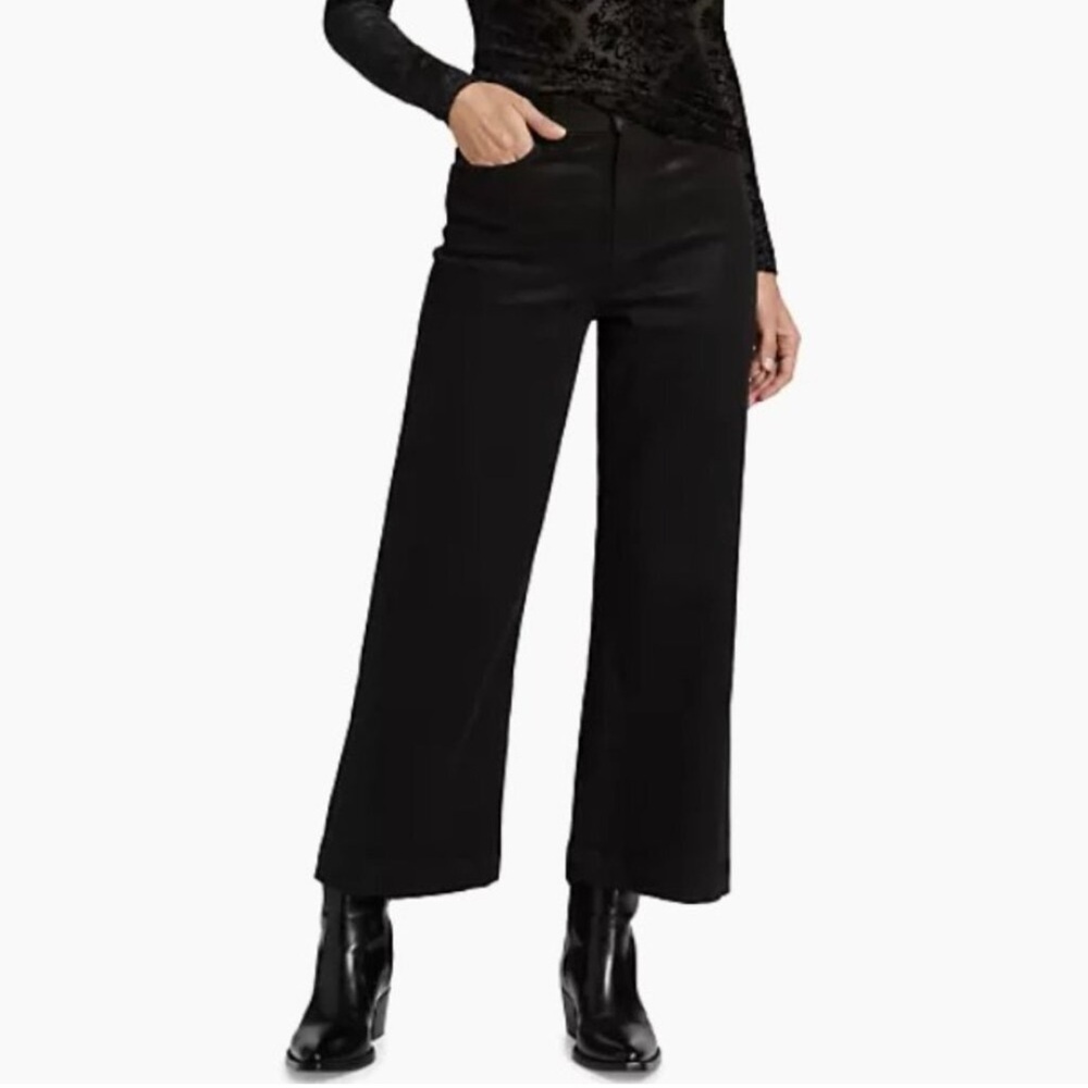 Paige Anessa High-Rise Wide-Leg Ankle Jeans Cropped Black Fog Luxe Coating NWT